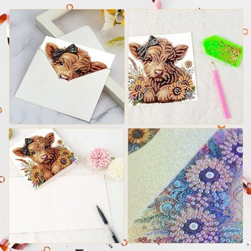 Tontut 6pcs 5D Diamond Art Painting Greeting Card Kit, Sunflower Yellow Cow Adult DIY with Envelope, Special Shape Diamond Design Greeting Card Creative Gift - Image 4