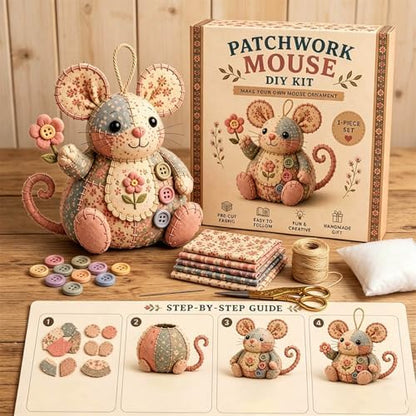Patchwork Mouse DIY Kit Sewing Craft Set with Pre-Cut Floral Fabric, Stuffing & Buttons for Adults Beginners Creative Hobby Gift for Craft Lovers (A/01) - Image 2