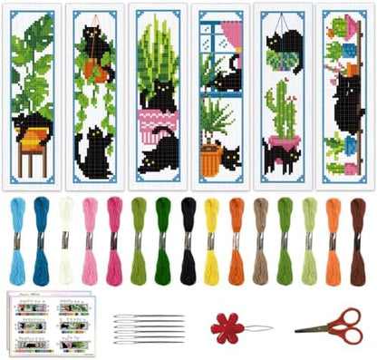 ACRNIGHEET 6PCS Cross Stitch Bookmark Kits Cute Cat and Plants Pattern Stamped Cross Stitch Kits for Beginners Adults DIY Stamped Embroidery Bookmarks with Instructions Hand Embroidery Craft Gift 11CT by ACRNIGHEET