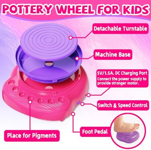 Vinkp Pottery Wheel for Kids - Complete Pottery Painting Kit Arts and Crafts for Kids Ages 8-12 with Air Dry Clay Art Supplies for Girls Boys Toys Birthday Gifts for 6 7 8 9 10 11 12 - Pink - Image 4