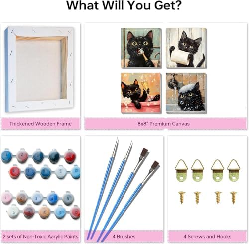 Clendo 4 Pack Black Cat Paint by Numbers Kit for Adults with Frame - Animals in Bathtub Adult Paint by Number Kit DIY Oil Painting Kits for Home Wall Decor 8x8 Inch - Image 5