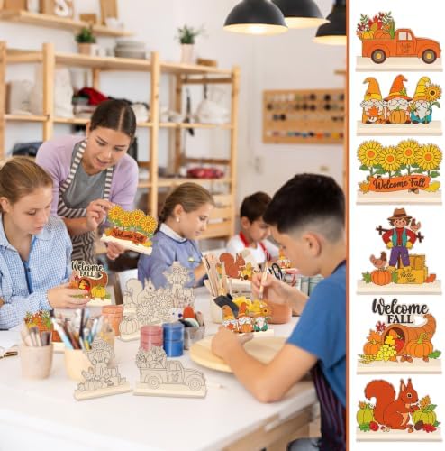 Yuntau 24 Pcs Wooden Fall Crafts Kits, Color Your Own Sign Table Decor - Image 6