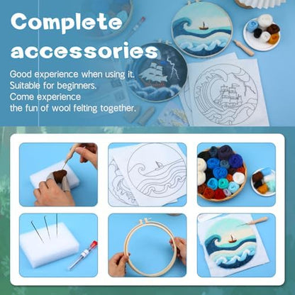 QMNNMA Needle Felting Kits, Wool Felting Kit with Picture Frame, Foam Pad, Felt Cloth, and Instructions, Needle Felt Painting Kit for Home Decoration (Sea Waves and Sailboats) - Image 6