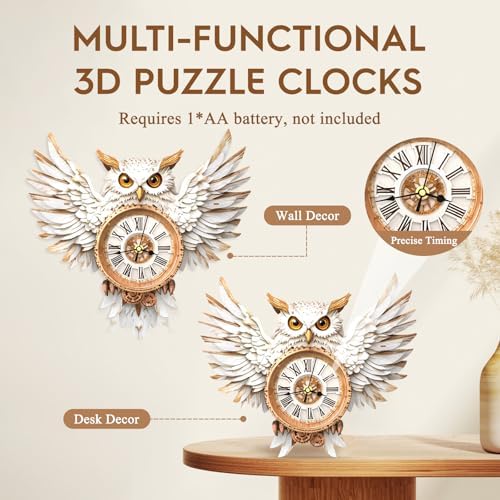 3D Puzzles for Adults Wooden Snowy Owl Clock Puzzle Adult Crafts - Image 5