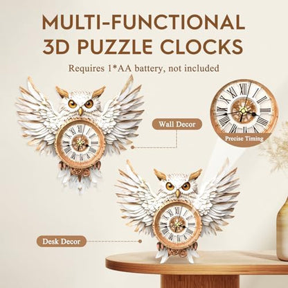 3D Puzzles for Adults Wooden Snowy Owl Clock Puzzle Adult Crafts - Image 5