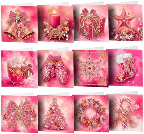LAKEQUILL DIY Diamond Art Painting Greeting Kit, 12 Pieces, Creative Craft Set，Pink Christmas by Unknown