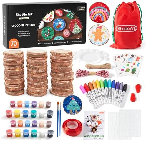 Shuttle Art Natural Wood Slices 70 PCS 2.8-3.1 Inches Craft Wood Ornament Kit, Unfinished Predrilled Wooden Circles with Hole, Jute Twine, Acrylic Paint, Markers for DIY Decoration by ShuttleArt