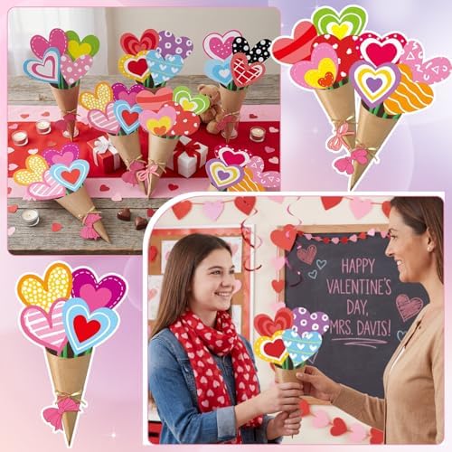 Motipuns 36 Set Valentine's Day Craft Flower Bouquet Craft Kit DIY Valentines Heart Paper Crafts Colorful Make Your Own Thankful Gift for Appreciation Week Spring Handmade Project Home Activities - Image 5