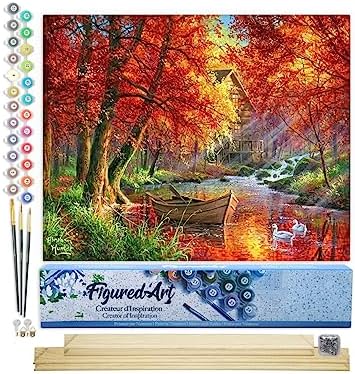 Figured'Art Paint by Numbers Kit for Adults Autumn River and Boat 16"x20" - Craft Art Painting Rolled Canvas with DIY Wooden Frame by FiguredArt