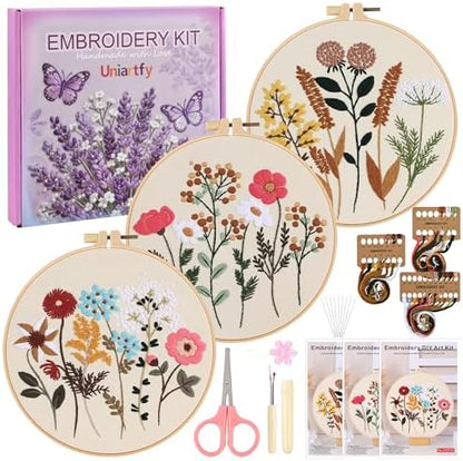 3 Sets Embroidery Kit, Cross Stitch Kits for Beginners, Needlepoint Kits for Adults with Floral Patterns, Hoop, Needles, Threads and Tools, Colorful Threads, Easy to Learn Step-by-Step Guide & Video by Uniartfy