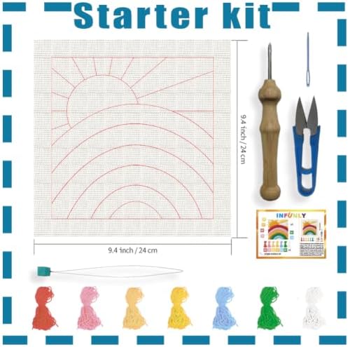 INFUNLY Rainbow Sun Punch Needle Kit for Adults Bohemian Punch Needle Embroidery Kits for Beginners 9.4''x9.4'' DIY Punch-Stitching Kit with Instruction Threader Needles Square Frame for Wall Decor - Image 2