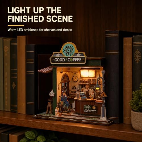 Evankin Coffee Shop Book Nook Kit, DIY Miniature House with LED Light - Image 5