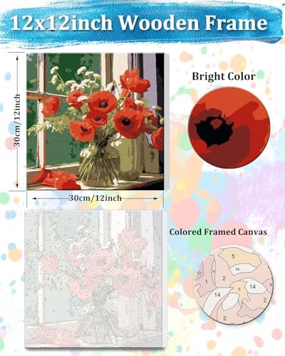 TOCARE Framed Paint by Numbers Kit for Adults Beginners, 12x12inch Red Flower Paint by Number with Frame,Easy Window Flowers Poppies Paint by Numbers Framed Canvas (Without Easel) - Image 2