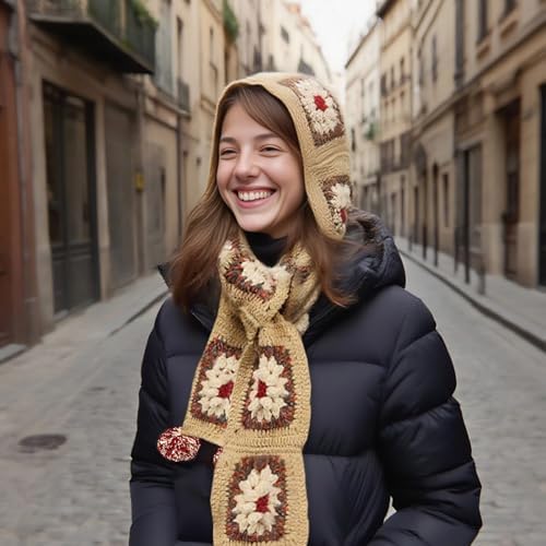 Noocro Complete Crochet Kit for Pom-Pom Granny Square Scarf Hood, DIY Yarn Kit, Detailed Instructions, Step by Step Video Tutorial, Beginner-Friendly, Intermediate Crocheter Craft Set (Roma Khaki) - Image 7
