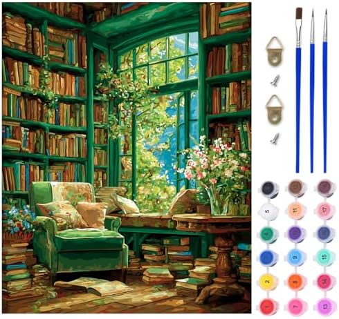 Lxmsja Books Room Paint by Numbers Kit for Adults, Tree Window Acrylic Paint by Numbers for Adults Beginner, DIY Craft Supplies Oil Painting Kits for Home Wall Decor 16x20 inch (No Frame) by Lxmsja