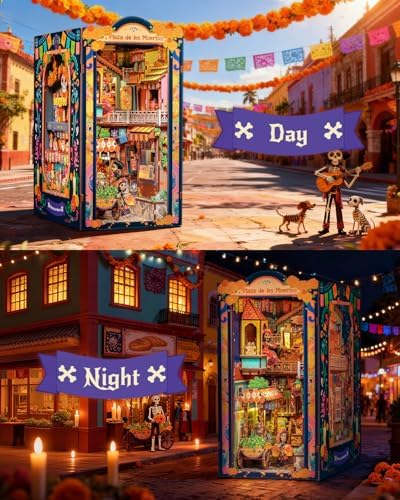 CUTEBEE Book Nook Kit - Mexican Fiesta DIY Miniature Dollhouse, Vibrant LED Bookshelf Decor Alley Model for Adults Teens, Gifts for Family and Friends（Plaza de Los Muertos） - Image 5