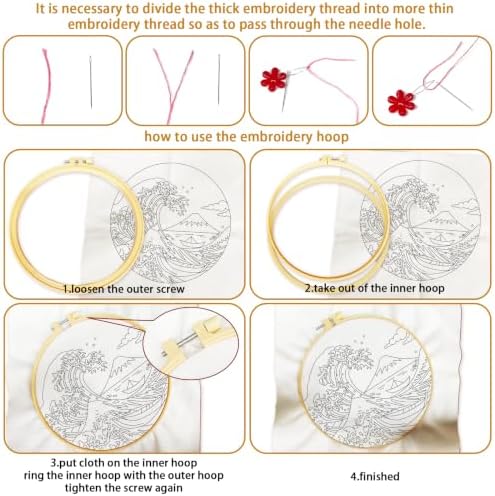 BEUNITONE 4 Pcs Embroidery Kit for Beginner, Ukiyo-e Style Landscape Wave Pattern Embroidery Materials, Cross Stitch Set with Cloth, Thread, Needle and Hoop Tools for Friendship Gift and Home Decor - Image 3