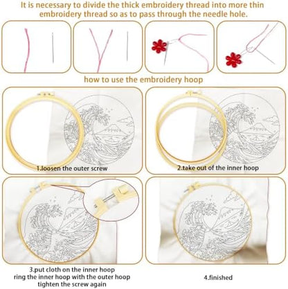 BEUNITONE 4 Pcs Embroidery Kit for Beginner, Ukiyo-e Style Landscape Wave Pattern Embroidery Materials, Cross Stitch Set with Cloth, Thread, Needle and Hoop Tools for Friendship Gift and Home Decor - Image 3