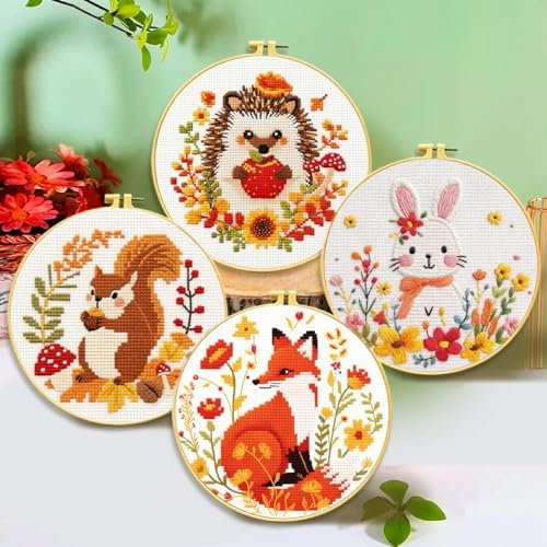 Zhenqing 4 Pack Woodland Animal Stamped Cross Stitch Kit, 11CT Printed Fox Squirrel Hedgehog Bunny Patterns with Hoop and Tools for Adults and Beginners - Image 2