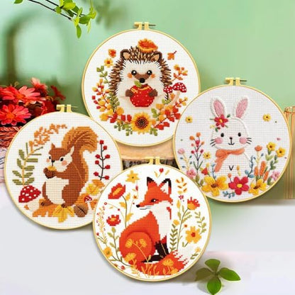 Zhenqing 4 Pack Woodland Animal Stamped Cross Stitch Kit, 11CT Printed Fox Squirrel Hedgehog Bunny Patterns with Hoop and Tools for Adults and Beginners - Image 2