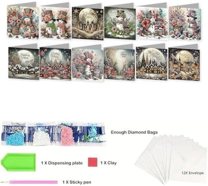 jinglinhh 12pcs Diamond Art Painting Christmas Snowman Village Greeting Cards with Envelopes, DIY Card Making Kits for Adults, Diamond Art Christmas Cards for Holiday Gifts - Image 3