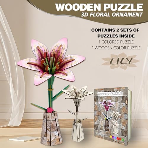 LYYHUWJIE 3D Flower Puzzle for Adults, Lily DIY Wooden Flower Crafts Set, Artificial Flower Model Kit to Assemble, Creative Adult Craft Kit for Women, Desk Decor & Mother’s Day Gift - Image 2