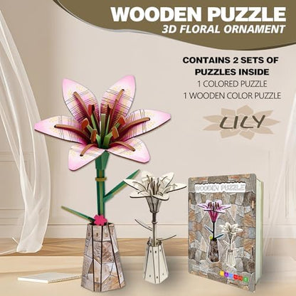 LYYHUWJIE 3D Flower Puzzle for Adults, Lily DIY Wooden Flower Crafts Set, Artificial Flower Model Kit to Assemble, Creative Adult Craft Kit for Women, Desk Decor & Mother’s Day Gift - Image 2