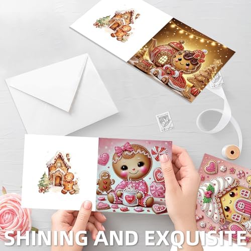FRANDEK 6pcs Pink Gingerbread Men Diamond Art Painting Greeting Cards, Handmade DIY Gem Art Kit with Rhinestones, Diamond Dots Postcards for Birthdays, Holiday Thoughtful Gift for Adults - Image 2