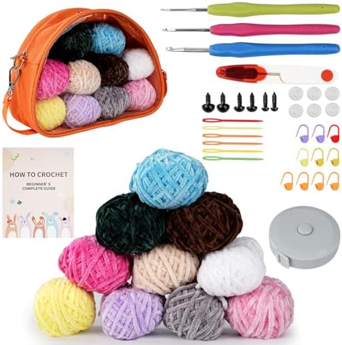 Wadukud 36 PCS Chenille Crochet Kit - First Crochet Set for Beginner Include 10 Solid Color Super Soft Chenille Cotton Yarn for Crocheting, Crochet Hooks, Instruction, Bag, Crochet Supplies Gift by Unknown
