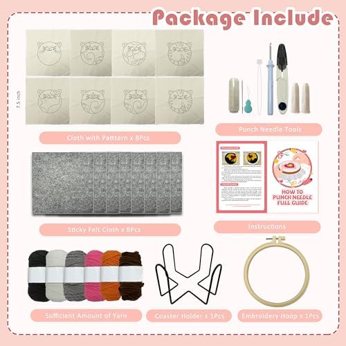 Punch Needle Kit for Beginners Adults Easy Needle Punch Embroidery Tool Set Including Threader Instruction Fabric Hoop Yarn Coaster DIY Making Kit Supplies,Set of 8 Cat Cute Pet Art Crafts Gifts - Image 4