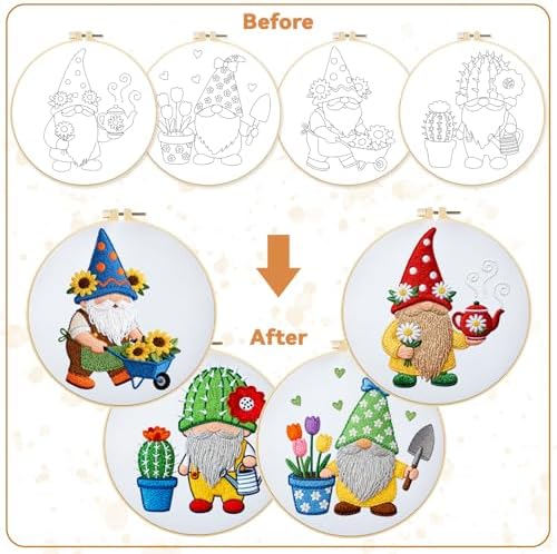 BEUNITONE 4 Set Gardener Gnome Embroidery Kit for Adult Beginners with Hoop - Image 4