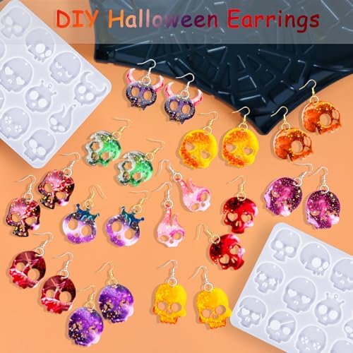 82 PCS Halloween Skull Earring Molds Kits with Holes, 12 Pairs Silicone Resin Molds with 40 Earring Hooks Epoxy for Halloween Decorations Pendants Keychains - Image 5