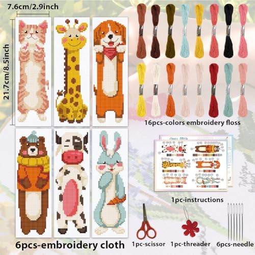 ACRNIGHEET 6PCS Cross Stitch Bookmark Kits for Beginners Cartoon Animals - Image 2