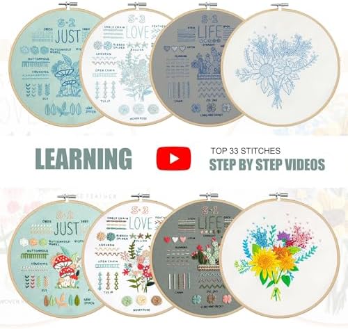 LX LERMX Embroidery Kit for Beginners Adults, 34 Stitch Techniques with Floral Patterns, Complete DIY Kit with Stamped Patterns, Hoop, Colorful Threads, Tools (Pattern 2) - Image 3