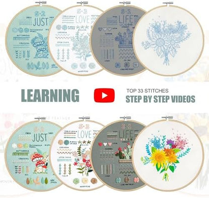 LX LERMX Embroidery Kit for Beginners Adults, 34 Stitch Techniques with Floral Patterns, Complete DIY Kit with Stamped Patterns, Hoop, Colorful Threads, Tools (Pattern 2) - Image 3