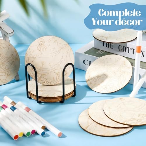 Reallnaive 45 Pcs Ocean Wooden Coasters Painting Kit, 4 Inch Paint Your Own Boho Coasters with Markers, Arts and Crafts for Adults Women Seniors Elderly Crafters Gifts - Image 6