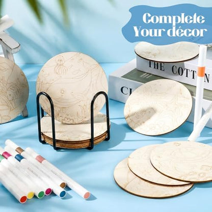 Reallnaive 45 Pcs Ocean Wooden Coasters Painting Kit, 4 Inch Paint Your Own Boho Coasters with Markers, Arts and Crafts for Adults Women Seniors Elderly Crafters Gifts - Image 6