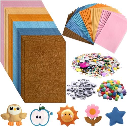 42Pcs Boho Felt Fabric Sheets 8 x 12 Inch Brown Beige Blue Assorted Soft Thick Felt Pack with Wiggle Google Eyes Pom Poms Glitter Patchwork Craft Supply for DlY Sewing Creative Art Project Decor by gisgfim