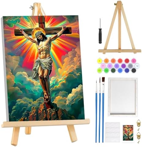MOGTAA Jesus Paint by Numbers Kit for Adults Beginners with Frame, Religious Cross Adult Paint by Number Kits on Canvas with Easel, Easy DIY Oil Painting Kits for Home Decor, 8x12in by MOGTAADIYHomeDecor