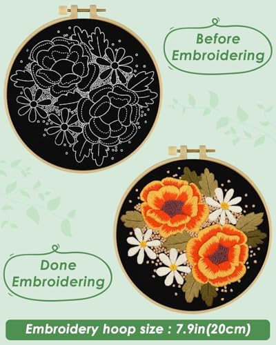 ERKOON Embroidery Kit for Beginners, Flower Cross Stitch Set Include Embroidery Cloth Hoops Threads for Craft Lover Hand Stitch with Embroidery Skill Techniques (Floral) - Image 3
