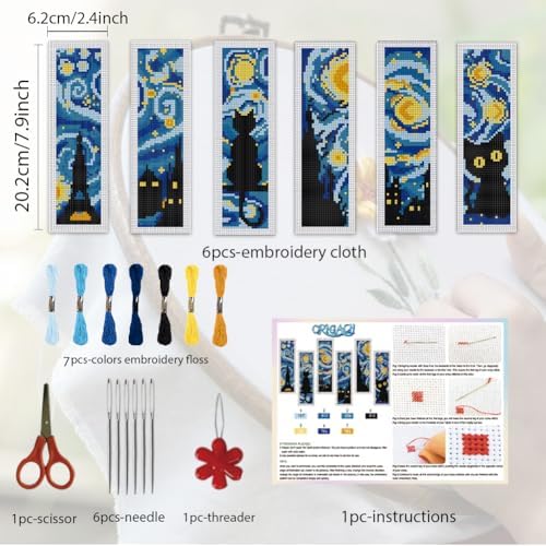 ORIGACH 6 Set Starry Night & Black Cat Cross Stitch Bookmark Kit - Image 2