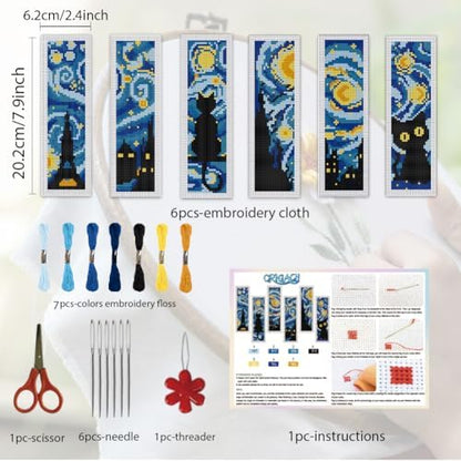 ORIGACH 6 Set Starry Night & Black Cat Cross Stitch Bookmark Kit - Image 2