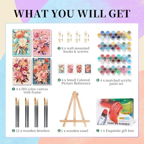 Camocin 4 Pack Framed Paint by Numbers Kit for Adults with Wooden Easel - Image 4