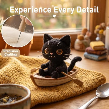 DIY Needle Felting Kit Black Cat in Rowing Boat – Needle Felting Starter Kit with Fiber Roving, Needles, Felting Pad & Instructions | Felted Cat Kit for Beginners Adults | Unique DIY Craft Gift - Image 4
