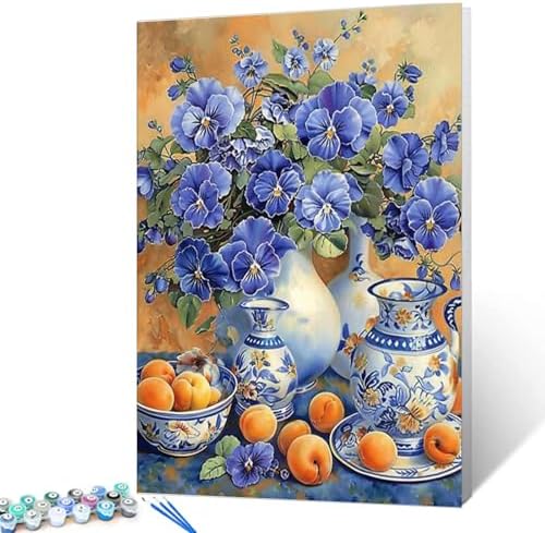 Tucocoo Flower Paint by Bumbers for Adults Beginner Bule Flowers Vase DIY Paint by Numbers Acrylic Paint Canvas Vintage Exquisite Bedroom Decor Painting Kits Flower Furit Art 16x20 Inch （DIY Frame ） by Tucocoo