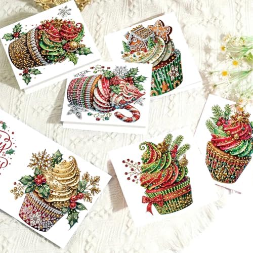 jinglinhh 6pcs Diamond Art Painting Christmas Cream Cupcakes Greeting Cards with Envelopes, DIY Card Making Kits for Adults, Diamond Art Postcards Christmas Cards Craft Gifts - Image 6