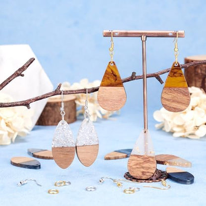 Cheriswelry Earring Making Kit 24Pcs 38x18-22mm Teardrop Resin Walnut Wood Pendants with 60Pcs 17-19mm Brass Earring Hooks 60Pcs 8x1mm Brass Jump Rings for DIY Dangle Earring - Image 2