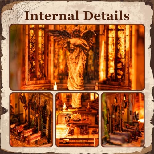 fifijoy Book Nook Kit for Adults - DIY Miniature Dollhouse kit with LED Light，3D Wooden Puzzle Mystical Booknook Tiny House Bookshelf Insert Decor, Gifts for Family, Friends (Abandoned Gothic Church) - Image 4
