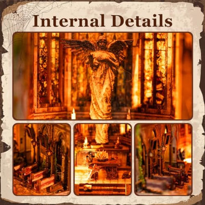 fifijoy Book Nook Kit for Adults - DIY Miniature Dollhouse kit with LED Light，3D Wooden Puzzle Mystical Booknook Tiny House Bookshelf Insert Decor, Gifts for Family, Friends (Abandoned Gothic Church) - Image 4