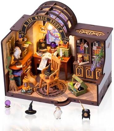 Rowood Magic Study Miniature House Kit, DIY Miniature Dollhouse Kits for Adults, Wizard Mini House Craft Kits for Women with LED, Halloween Christmas Birthday Gift for Adults (The Magic Study) by RowoodAssembleArtDecorateLife